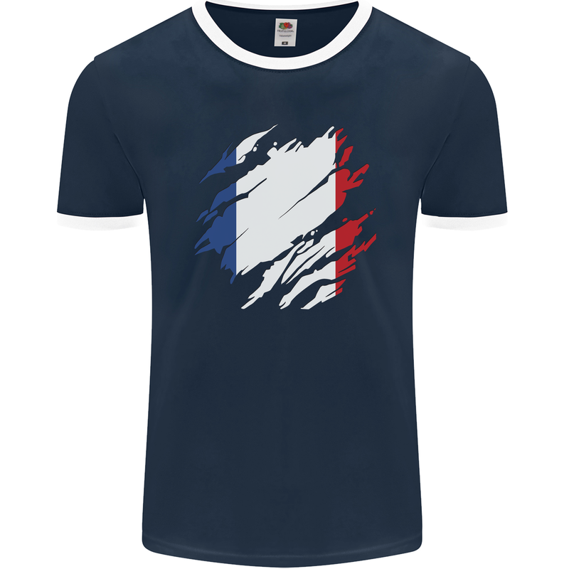 Torn France Flag French Day Football Mens Ringer T-Shirt FotL Navy Blue/White