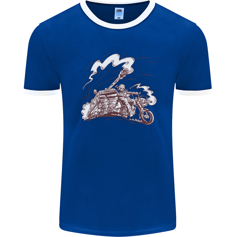 An Army Biker With Tank Skull Motorcycle Mens Ringer T-Shirt FotL Royal Blue/White