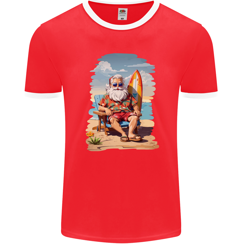 Christmas Santa With Surfboard Xmas Surfing Mens Ringer T-Shirt FotL Red/White