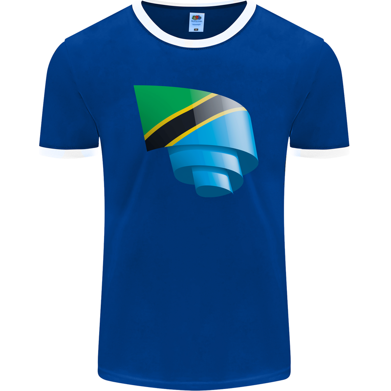 Curled Tanzania Flag Tanzanian Day Football Mens Ringer T-Shirt FotL Royal Blue/White