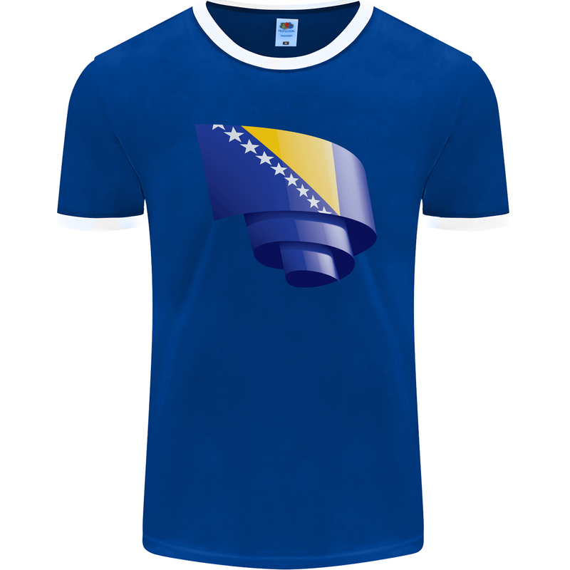 Curled Bosnia and Herzegovina Flag Day Football Mens Ringer T-Shirt FotL Royal Blue/White
