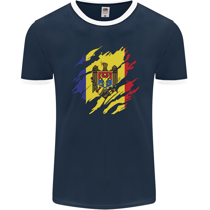 Torn Moldova Flag Moldovan Day Football Mens Ringer T-Shirt FotL Navy Blue/White