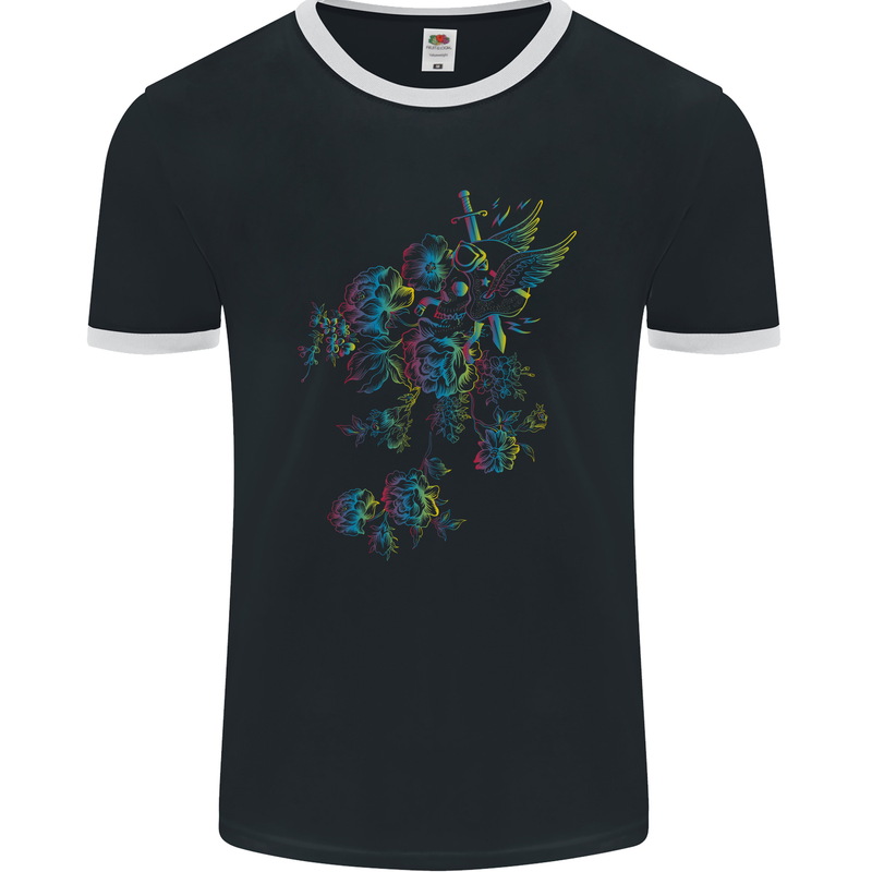 A Winged Skull With Flowers Mens Ringer T-Shirt FotL Black/White