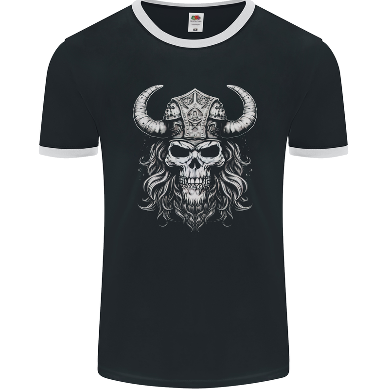Viking Warrior Skull Helmet With Horns Mens Ringer T-Shirt FotL Black/White