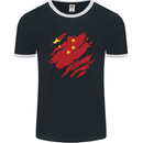 Torn China Flag Chinese Day Football Mens Ringer T-Shirt FotL Black/White