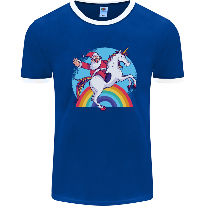 Santa Claus On a Unicorn Christmas Xmas Mens Ringer T-Shirt Royal Blue/White