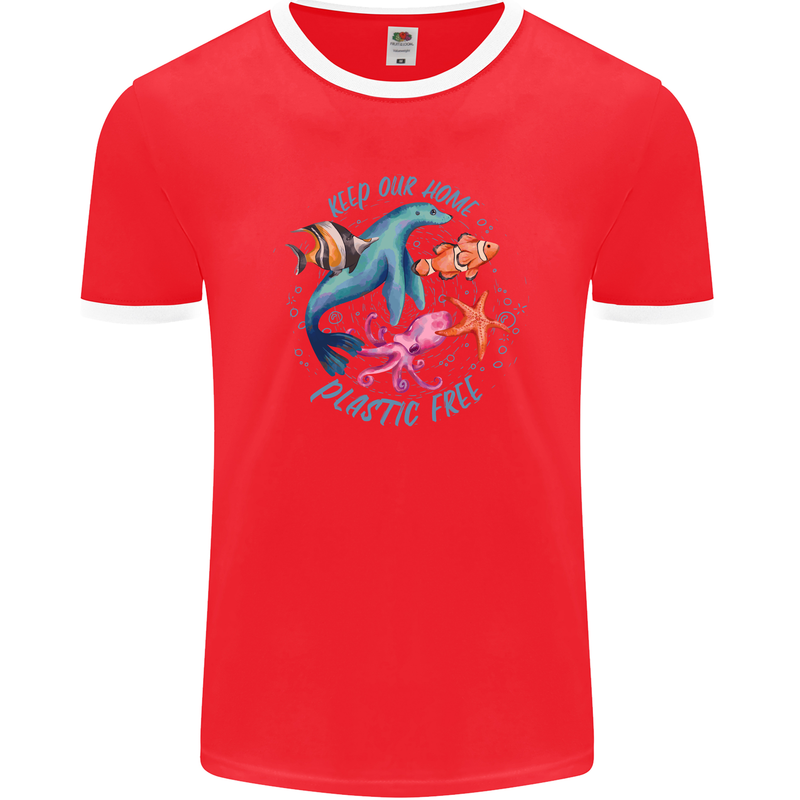 Plastic Free Climate Change Octopus Ocean Fish Mens Ringer T-Shirt FotL Red/White