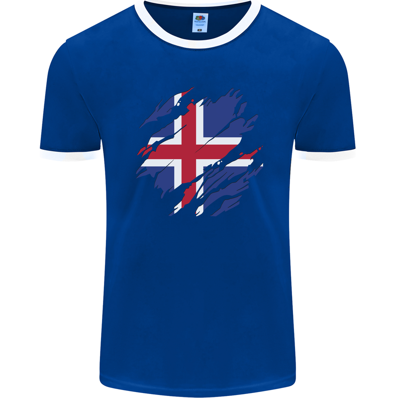 Torn Iceland Flag Icelander Day Football Mens Ringer T-Shirt FotL Royal Blue/White