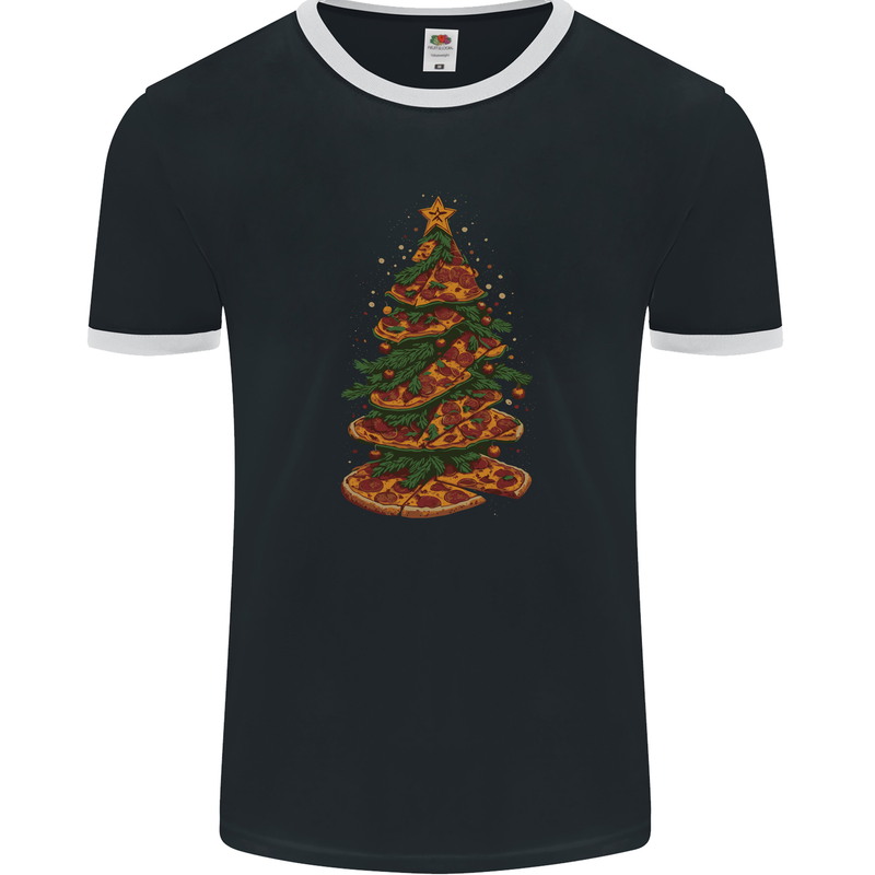 Funny Christmas Pizza Tree Xmas Food Mens Ringer T-Shirt FotL Black/White