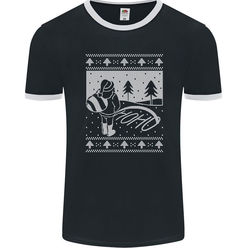 Naughty Santa Peeing in the Snow Christmas Mens Ringer T-Shirt FotL Black/White