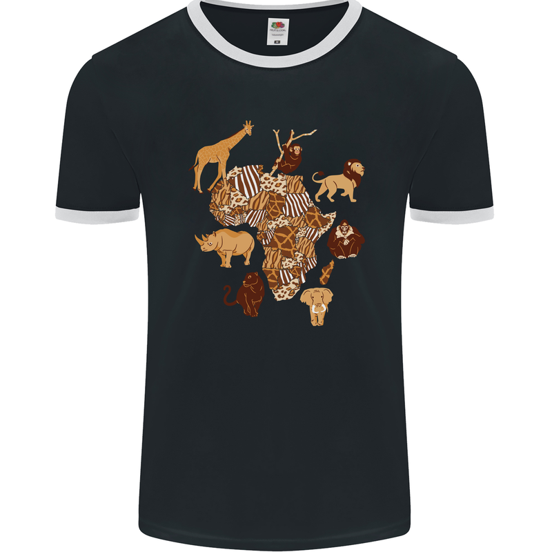 Africa Wildlife Map Giraffe Rhino Ape Elephant Lion Mens Ringer T-Shirt FotL Black/White