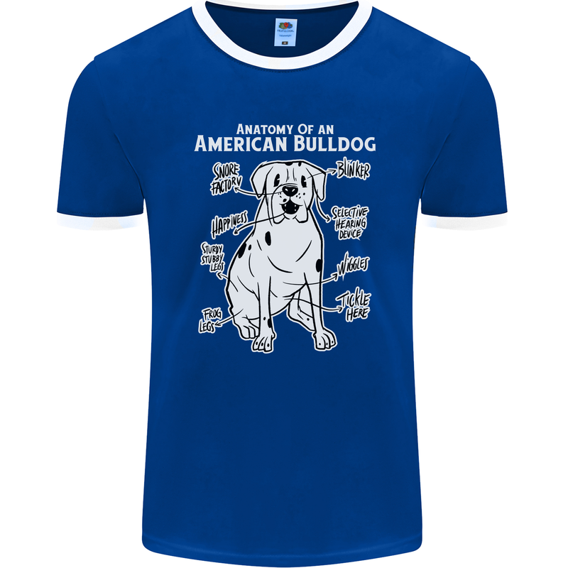 American Bulldog Anatomy Funny Dog Mens Ringer T-Shirt FotL Royal Blue/White