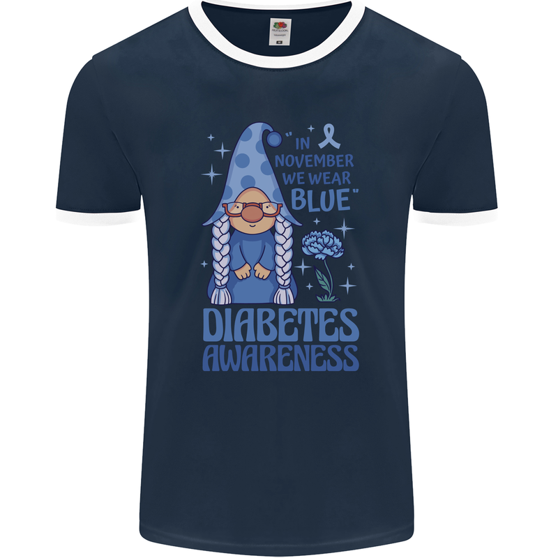 Diabetes Awareness We Wear Blue Gnome Mens Ringer T-Shirt FotL Navy Blue/White