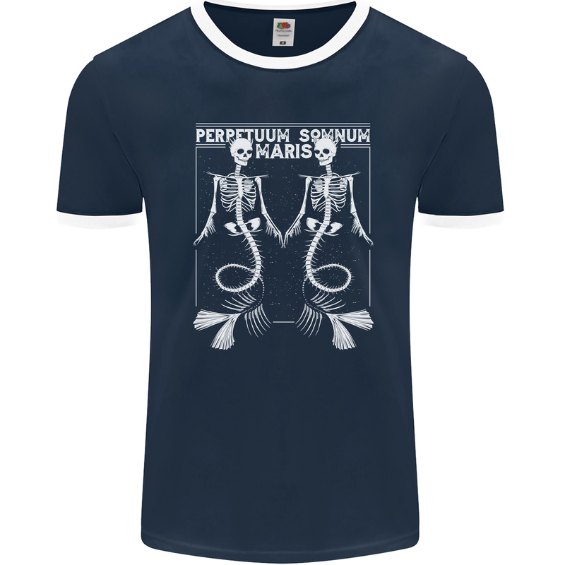 Skeleton Mermaids Eternal Sleep of the Sea Skulls Mens Ringer T-Shirt FotL Navy Blue/White