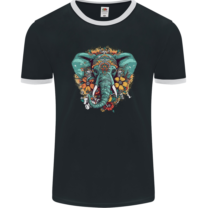 Floral Tribal Elephant Mens Ringer T-Shirt FotL Black/White