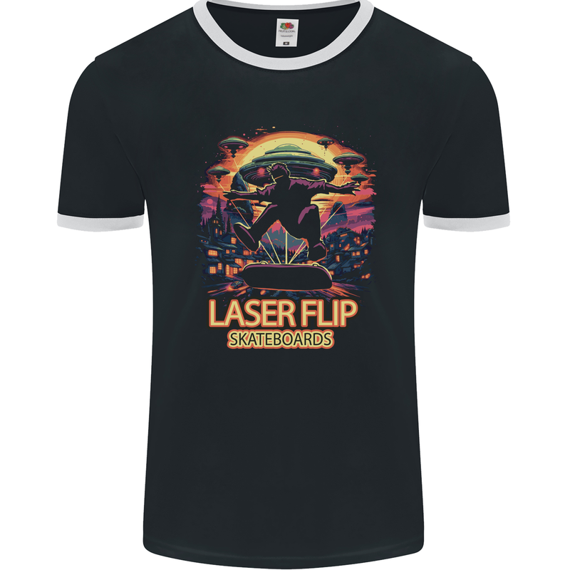 Laserflip Skateboards Skateboarder UFO Alien Mens Ringer T-Shirt FotL Black/White