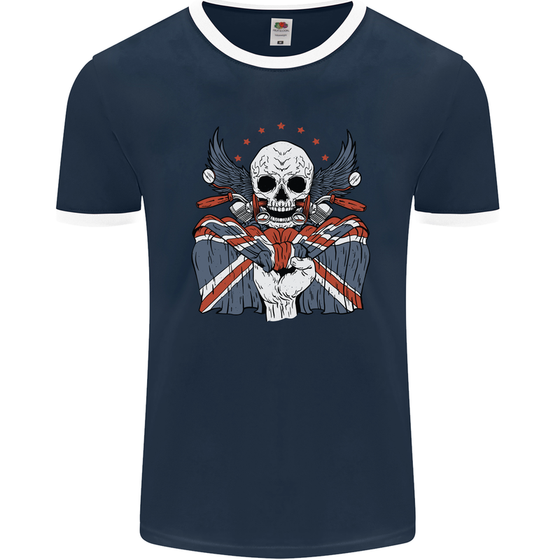 Union Jack Biker Motorbike Motorcycle Skull Mens Ringer T-Shirt FotL Navy Blue/White