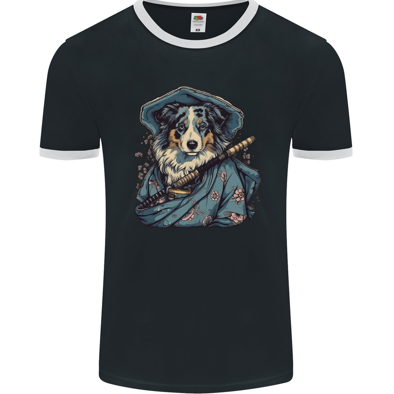 Australian Sheepdog Samurai Warrior Fantasy Mens Ringer T-Shirt FotL Black/White