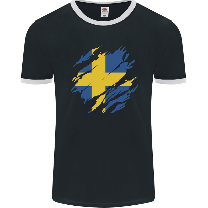 Torn Swedish Flag Sweden Day Football Mens Ringer T-Shirt FotL Black/White