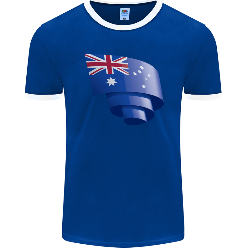 Curled Australia Flag Australian Day Football Mens Ringer T-Shirt FotL Royal Blue/White