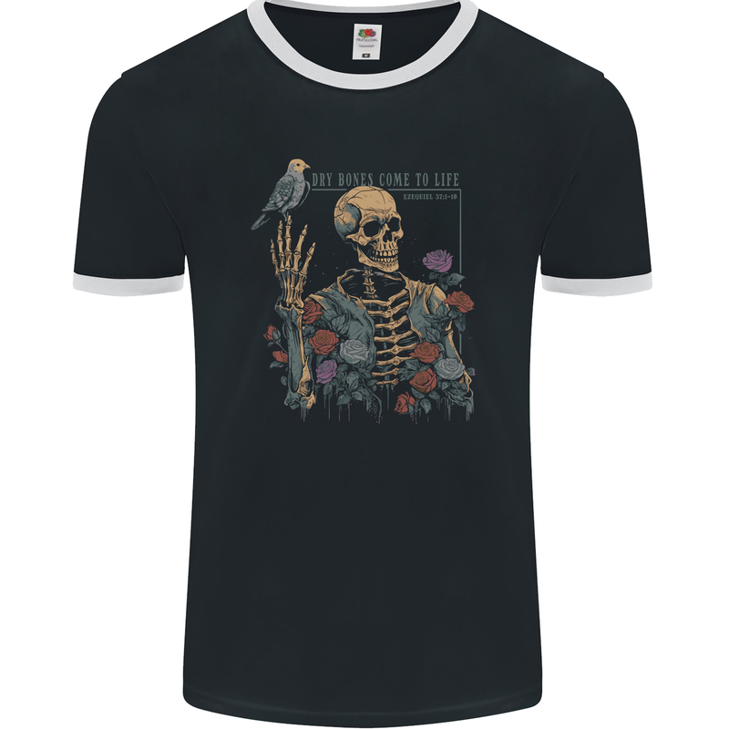 Dry Bones Skeleton Skull With Flowers & Bird Mens Ringer T-Shirt FotL Black/White