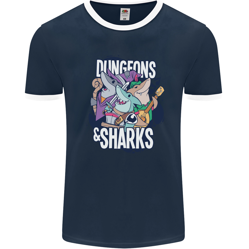 Dungeons & Sharks Role Play Games RPG Mens Ringer T-Shirt FotL Navy Blue/White