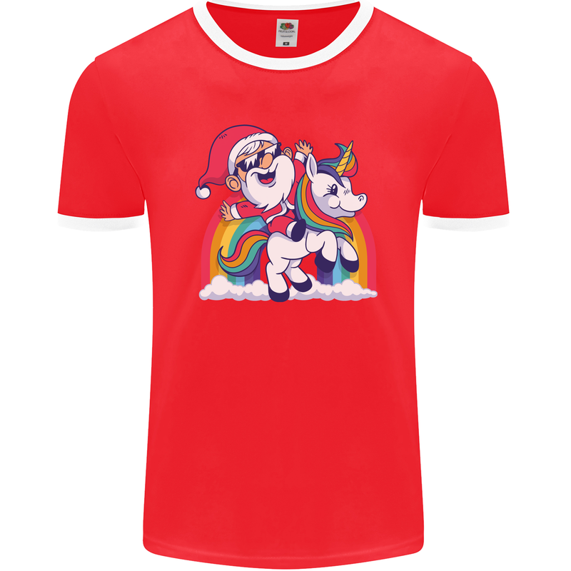 Christmas Santa Claus On a Unicorn Xmas Mens Ringer T-Shirt FotL Red/White