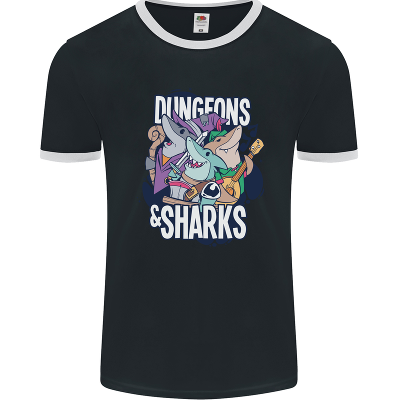 Dungeons & Sharks Role Play Games RPG Mens Ringer T-Shirt FotL Black/White