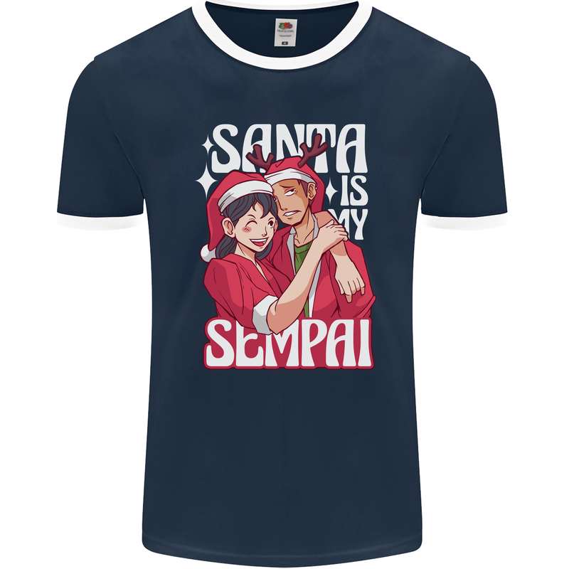 Anime Santa is My Sempai Funny Christmas Xmas Mens Ringer T-Shirt FotL Navy Blue/White