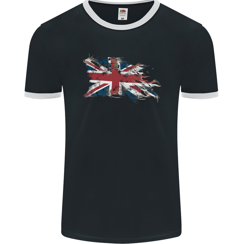 Distressed Union Jack Flag GB British Mens Ringer T-Shirt FotL Black/White