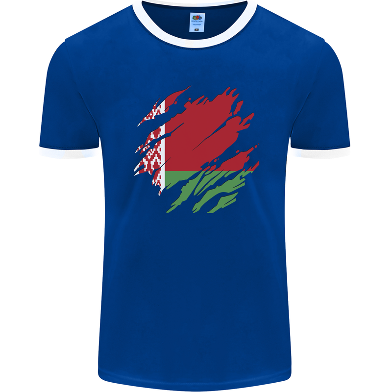 Torn Belarus Flag Belarusian Day Football Mens Ringer T-Shirt FotL Royal Blue/White