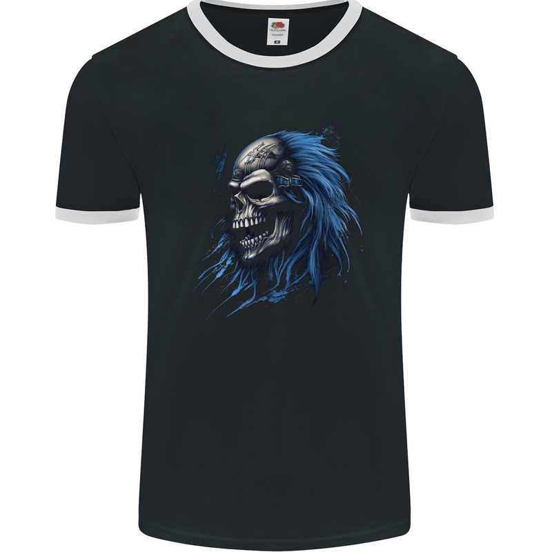 Evil Blue Skull With Blue Hair Heavy Metal Mens Ringer T-Shirt FotL Black/White