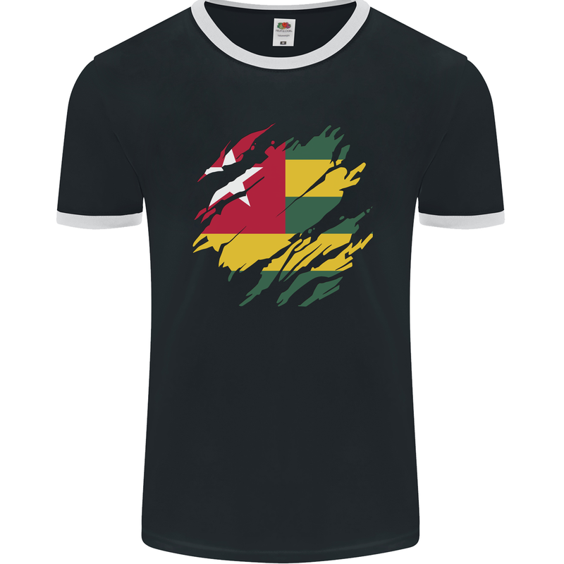 Torn Togo Flag Togolese Day Football Mens Ringer T-Shirt FotL Black/White