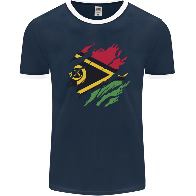 Torn Vanuatu Flag Day Football Mens Ringer T-Shirt FotL Navy Blue/White