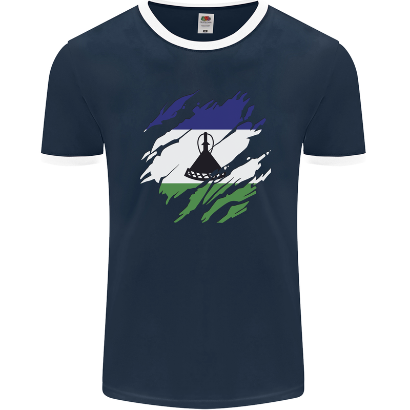 Torn Lesotho Flag Basotho Day Football Mens Ringer T-Shirt FotL Navy Blue/White