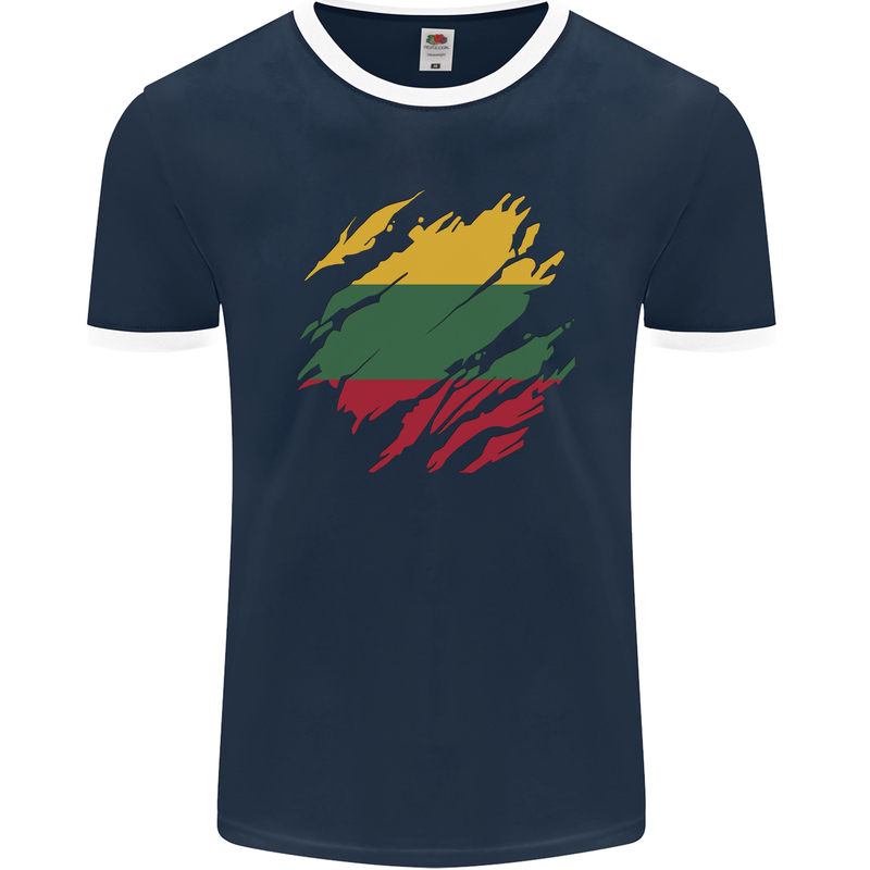 Torn Lithuania Flag Lithuania Day Football Mens Ringer T-Shirt FotL Navy Blue/White