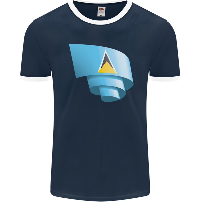 Curled Saint Lucia Flag Lucian Day Football Mens Ringer T-Shirt FotL Navy Blue/White