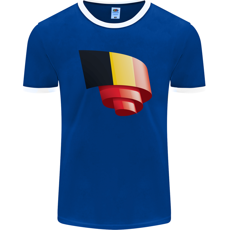 Curled Belgium Flag Belgian Day Football Mens Ringer T-Shirt FotL Royal Blue/White