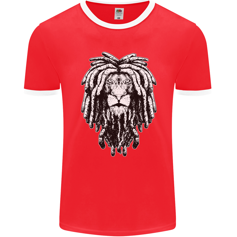 A Rasta Lion With Dreadlocks Jamaica Reggae Mens Ringer T-Shirt FotL Red/White