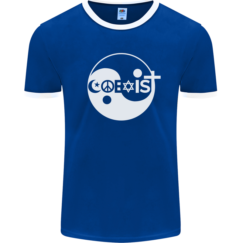 Coexist World Peace Love Religion Hippy Anti War Mens Ringer T-Shirt FotL Royal Blue/White