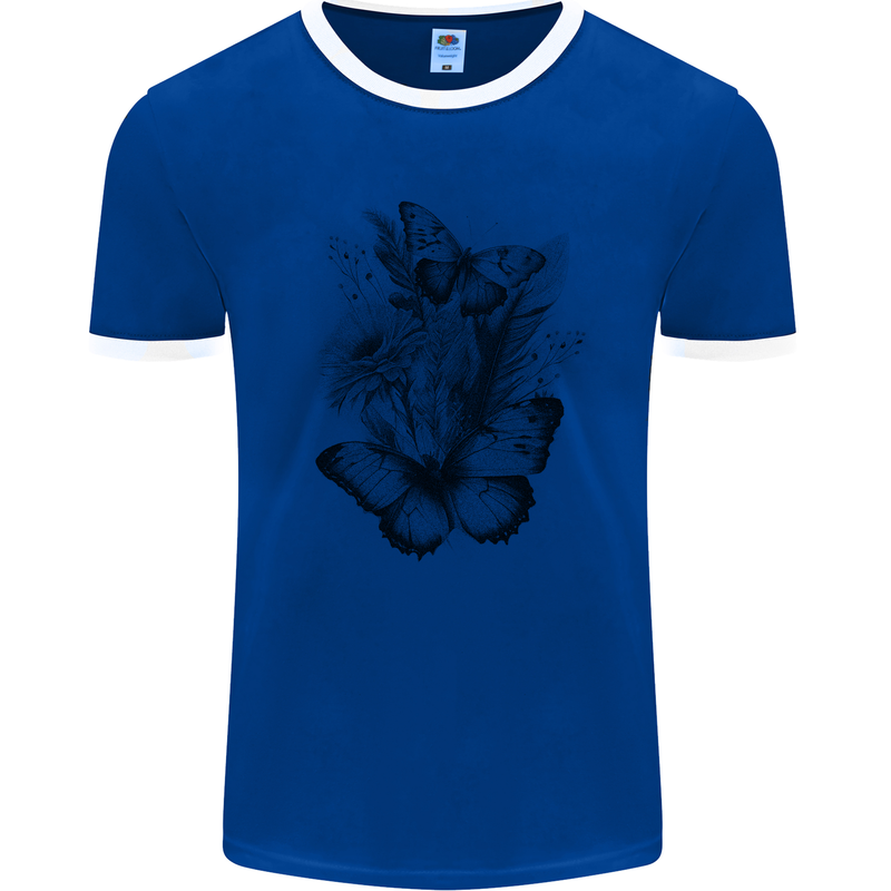 Butterflies & Flowers in the Wild Nature Mens Ringer T-Shirt Royal Blue/White