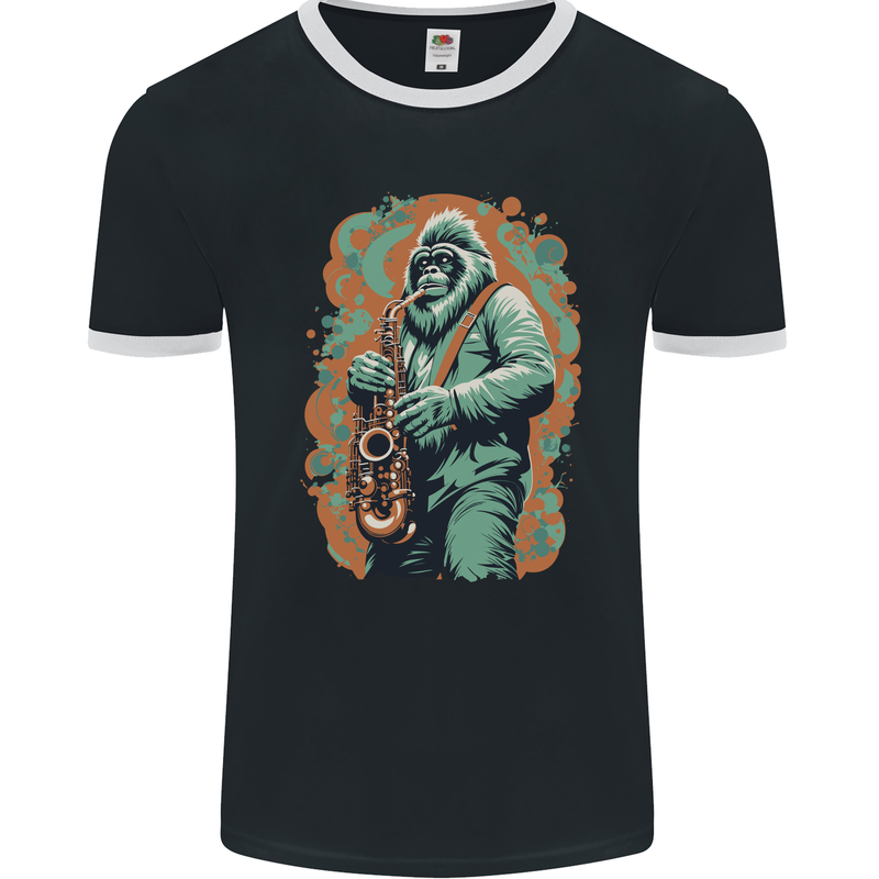 Bigfoot Playing the Saxophone Ape Gorilla Mens Ringer T-Shirt FotL Black/White