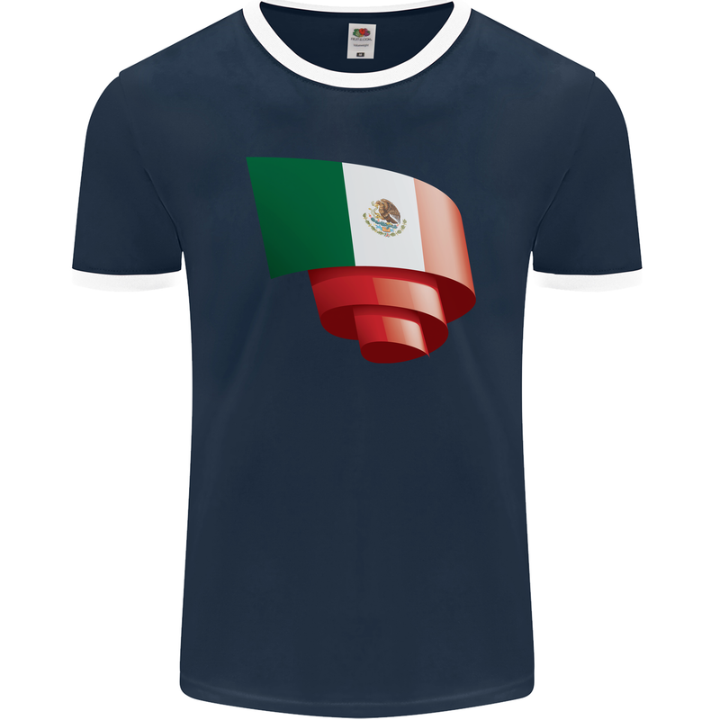 Curled Mexico Flag Mexican Day Football Mens Ringer T-Shirt FotL Navy Blue/White