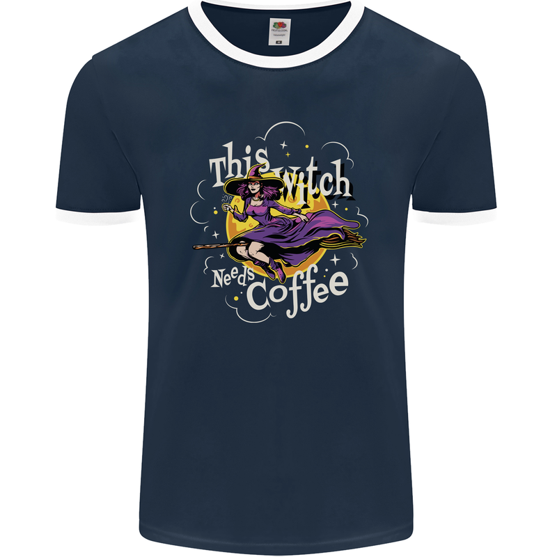 This Witch Needs Coffee Funny Halloween Mens Ringer T-Shirt FotL Navy Blue/White