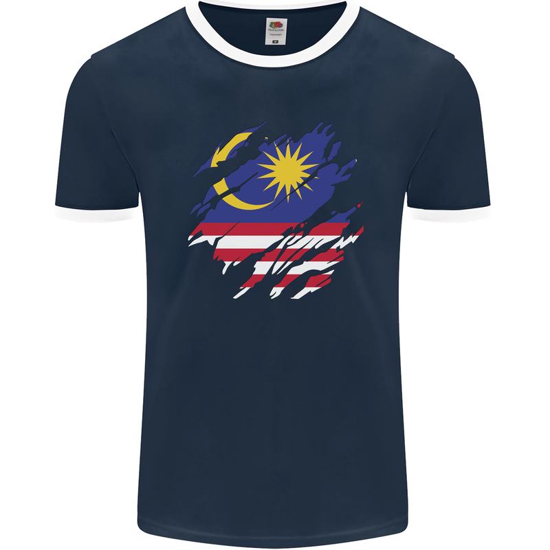 Torn Malaysia Flag Malaysian Day Football Mens Ringer T-Shirt FotL Navy Blue/White
