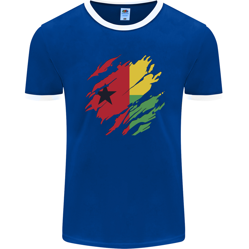 Torn Guinea-Bissau Flag Day Football Mens Ringer T-Shirt FotL Royal Blue/White