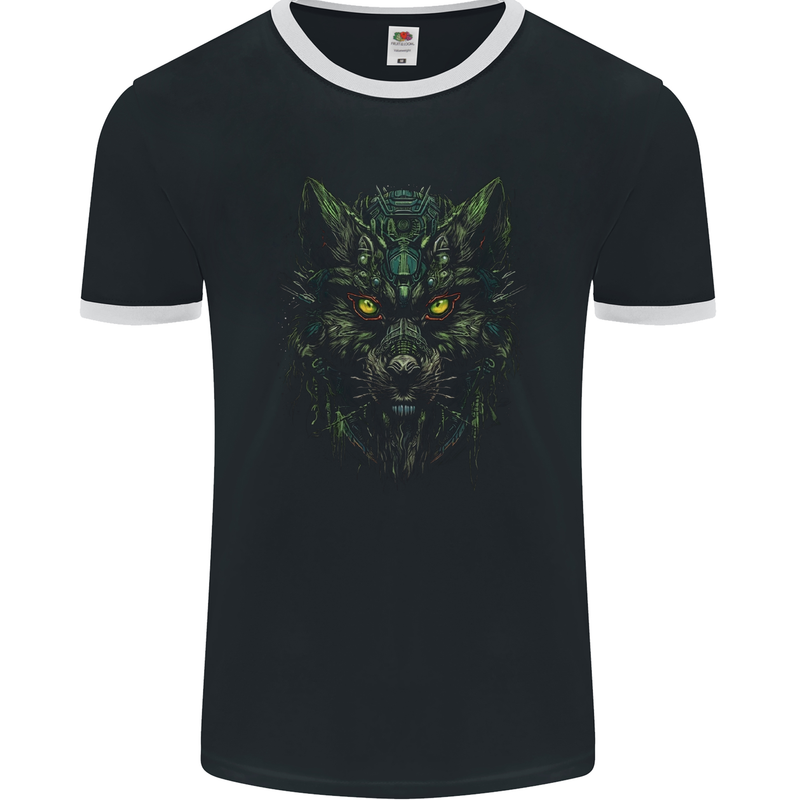 Cyber Wolf Werewolf Lycan Mens Ringer T-Shirt FotL Black/White