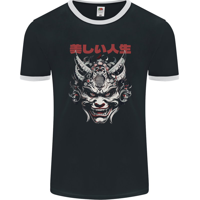 Japanese Oni Mask Mens Ringer T-Shirt FotL Black/White