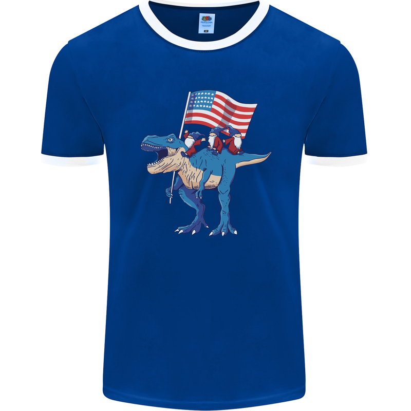 USA T-Rex Gnome American Flag Dinosaur Mens Ringer T-Shirt FotL Royal Blue/White