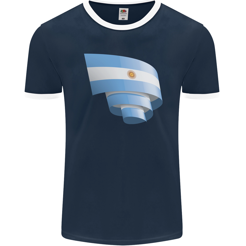 Curled Argentina Flag Argentinian Day Football Mens Ringer T-Shirt FotL Navy Blue/White